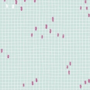 White grid with pink brush strokes. Petal solids-sea glass, peony