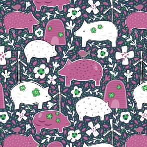 Farm Pigs in Peony, Grass and Navy | Regular scale ©designsbyroochita