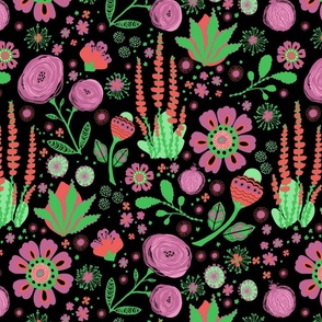 Southwestern Cactus Floral Bloom Bright Pink Green on Black