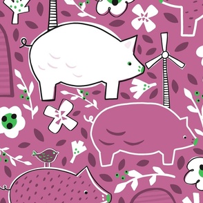 Farm Pigs in Peony and White | Jumbo scale ©designsbyroochita
