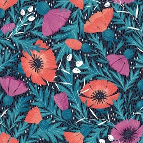 Coral and pink wildflowers on navy, large scale