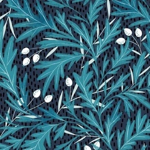 Blue leaves and white berries on navy background, large scale
