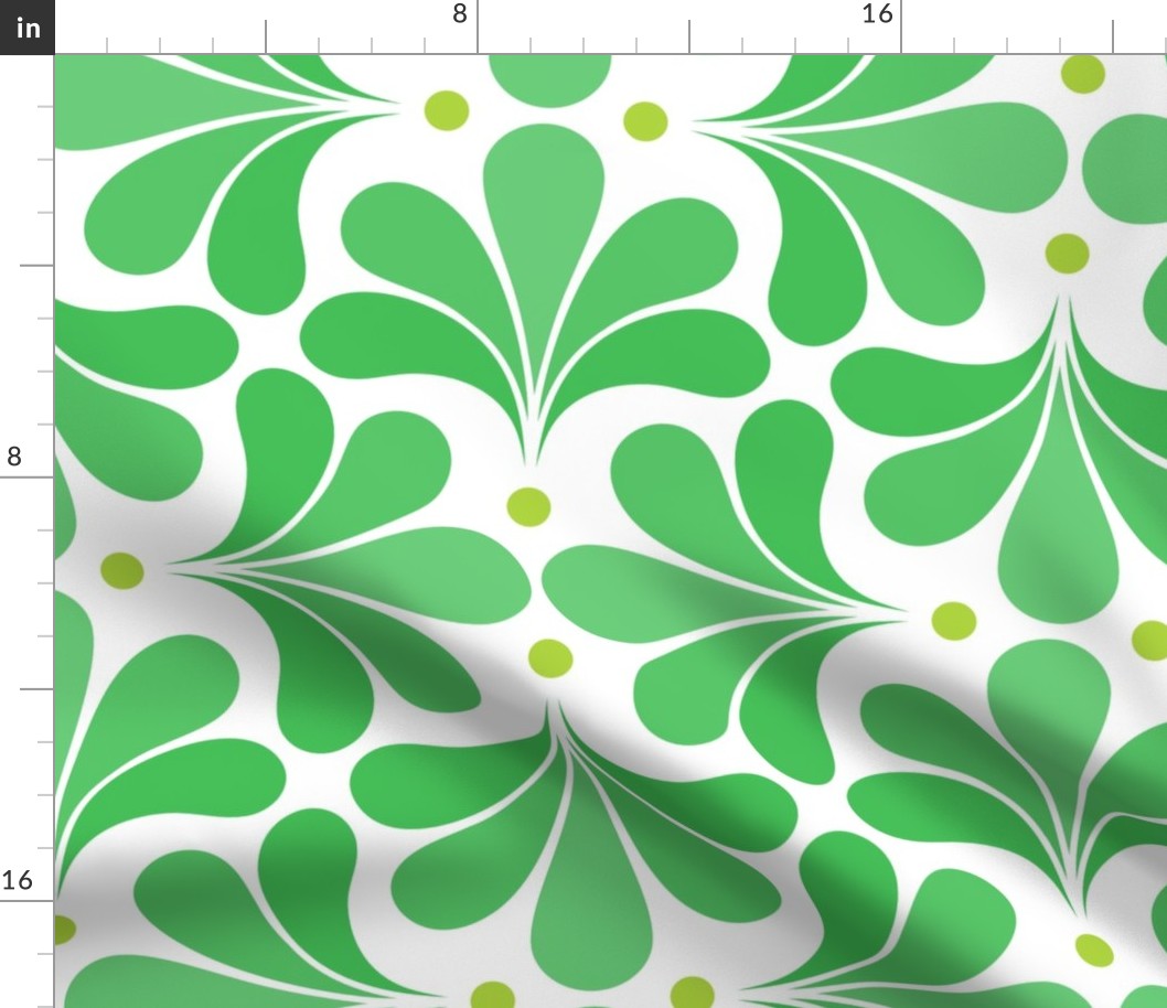 In Bloom Medium- Grass and Lime Green- Petal Solids Coordinate- Green Grass- Kelly Green- White- Spring-Vintage Bold Geometric Floral- 70's Retro- Home Decor- Jumbo Scale Wallpaper