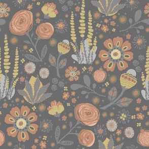 Southwestern Cactus Floral Bloom Brown Gold on Gray