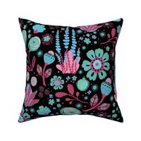 Southwestern Cactus Floral Blooms Bright Pink and Aqua Blue on Black