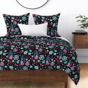 Southwestern Cactus Floral Blooms Bright Pink and Aqua Blue on Black