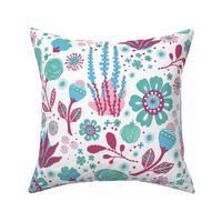 Southwestern Cactus Floral Bloom Bright Pink and Tourquise on White