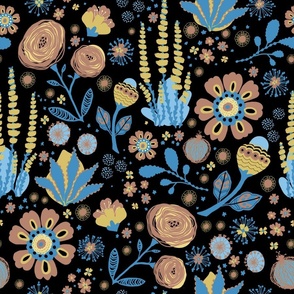 Southwestern Cactus Blooms Yellow Blue on Black Desert Flowers Western Coordinating  Large Size