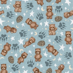 Woodland Brown Bears, Pine Cones, Stars and Moon on Woven Distressed on Denim Blue, Large

