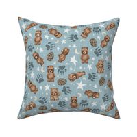 Woodland Brown Bears, Pine Cones, Stars and Moon on Woven Distressed on Denim Blue - Small Scale