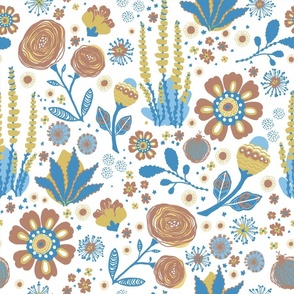 Southwestern Cactus Blooms Yellow Blue on White Desert Flowers Western Coordinating  Large Size