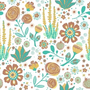 Southwestern Blooms Gold Turquoise on White