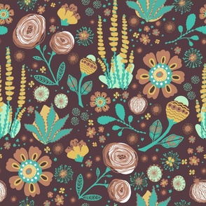 Southwestern Blooms Gold Turquoise on Brown