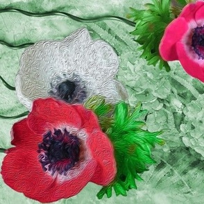 18x12-Inch Repeat of Coral Red Anemones with Grass-Green Corkscrew Rushes