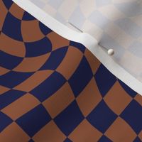 Vintage groovy twirl checkered boho design geometric gingham block print plaid design winter rust brown navy blue