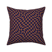 Vintage groovy twirl checkered boho design geometric gingham block print plaid design winter rust brown navy blue