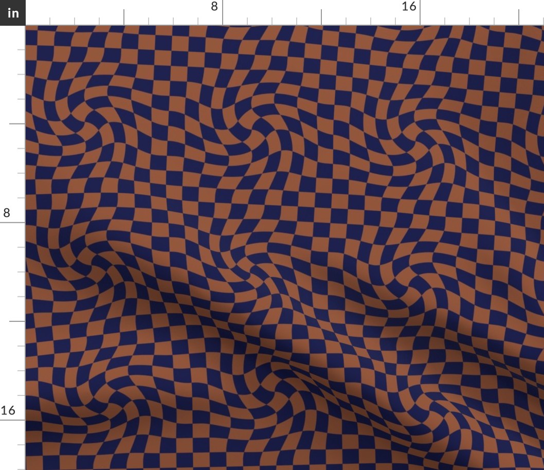 Vintage groovy twirl checkered boho design geometric gingham block print plaid design winter rust brown navy blue