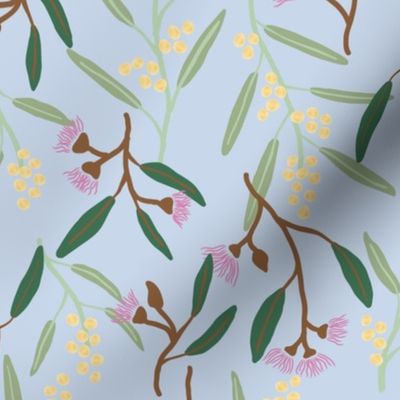 Australian wattle flowers, gum blossoms, eucalyptus leaves on baby blue - medium