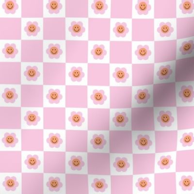 Smiley Daisies on checker - seventies retro style summer flower blossom check plaid design pink orange 