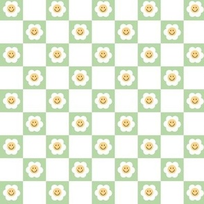 Smiley Daisies on checker - seventies retro style summer flower blossom check plaid design mint green white 