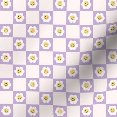 Smiley Daisies on checker - seventies retro style summer flower blossom check plaid design lilac blush orange