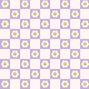 Smiley Daisies on checker - seventies retro style summer flower blossom check plaid design lilac blush orange
