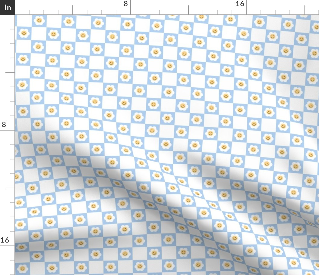 Smiley Daisies on checker - seventies retro style summer flower blossom check plaid design baby blue white 