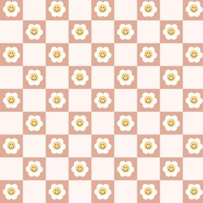 Smiley Daisies on checker - seventies retro style summer flower blossom check plaid design baby blush orange coral 
