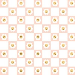 Smiley Daisies on checker - seventies retro style summer flower blossom check plaid design baby blush pink baby girl 