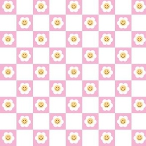 Smiley Daisies on checker - seventies retro style summer flower blossom check plaid design baby white pink baby 