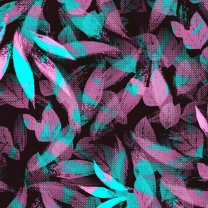 Colored Forest  floral pattern with pink and blue leaves and black background.