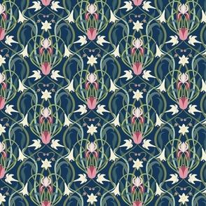Art Nouveau lilies 8 inch in custom navy green by Pippa Shaw