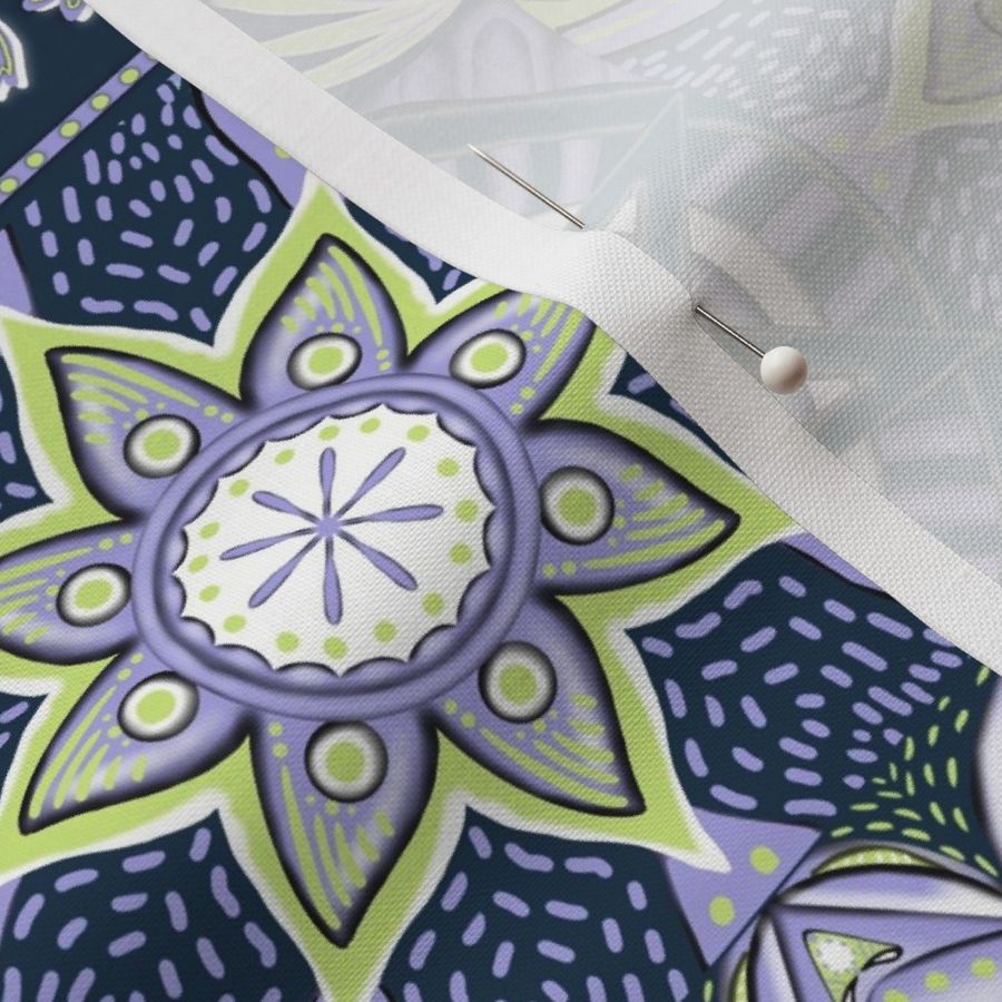 Honeydew, sky blue and lilac mandala flower  tiles on midnight blue with Shashiko large 