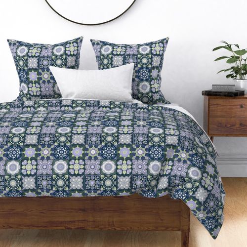 Honeydew, sky blue and lilac mandala flower  tiles on midnight blue with Shashiko large 