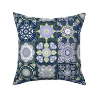 Honeydew, sky blue and lilac mandala flower  tiles on midnight blue with Shashiko large 