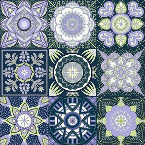Honeydew, sky blue and lilac mandala flower  tiles on midnight blue with Shashiko large 
