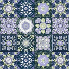 Honeydew, lilac and sky blue mandala flowers tiles on midnight blue small