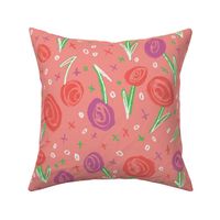 Sketchy Wildflower Florals - Coral/Emerald Grass/Peony - 15 inch