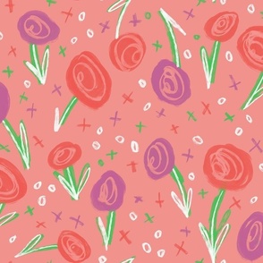 Sketchy Wildflower Florals - Coral/Emerald Grass/Peony - 15 inch