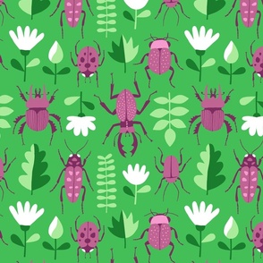 Beetles and Flowers on grass green