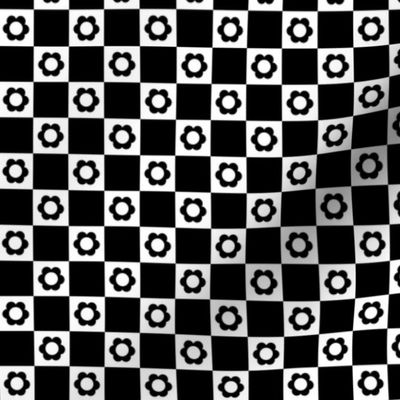 Retro minimalist flower power daisies on checker plaid design vintage seventies summer floral monochrome black and white 