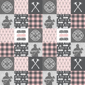(3" scale) firefighter patchwork - buffalo plaid pink  - fire dept. - C22