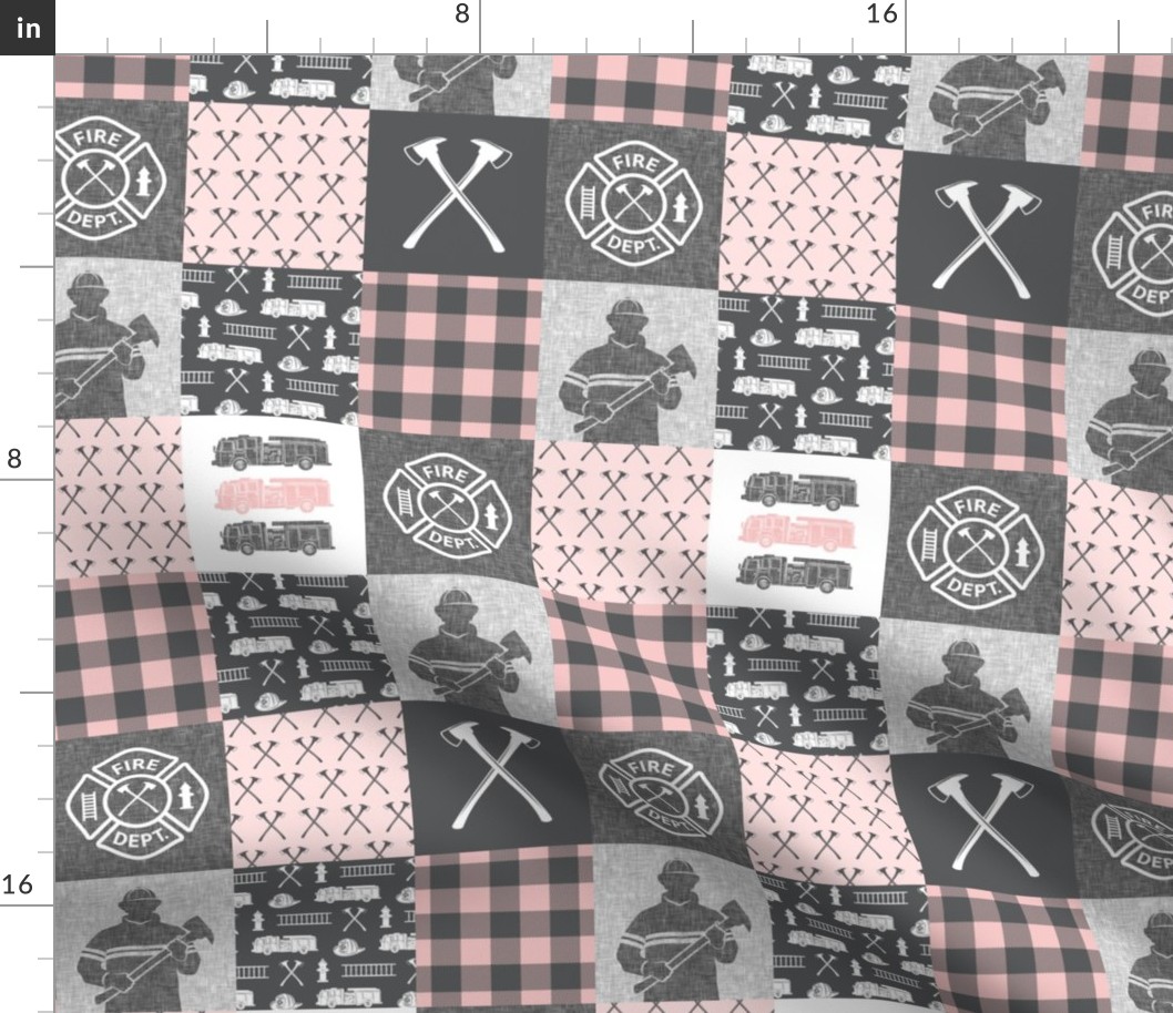 (3" scale) firefighter patchwork - buffalo plaid pink  - fire dept. - C22