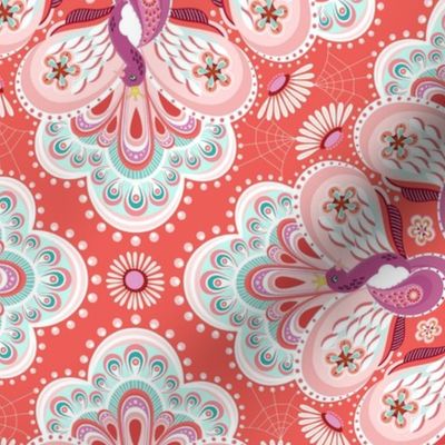 Paisley Flower Medallions in Coral and Peony - large scale