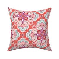 Paisley Flower Medallions in Coral and Peony - large scale