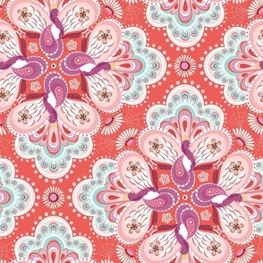 Paisley Flower Medallions in Coral and Peony - large scale