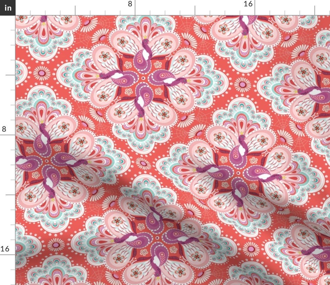 Paisley Flower Medallions in Coral and Peony - large scale