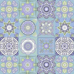 Honeydew, lilac and sky blue mandala flower tiles patchwork tiles small