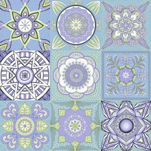 Honeydew, lilac and sky blue mandala flowers in tiles or patchwork large
