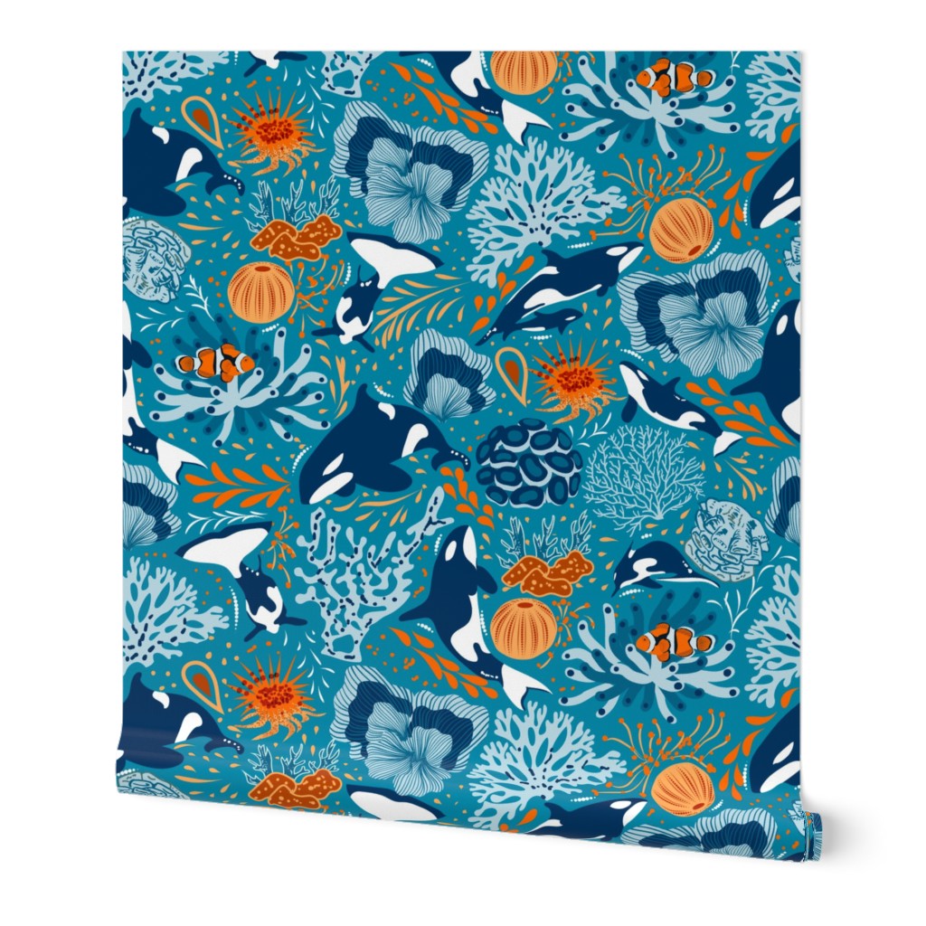 Ocean Harmony- Teamwork Underwater- Midnight Sky White Orange on Cerulean Blue- Large Scale